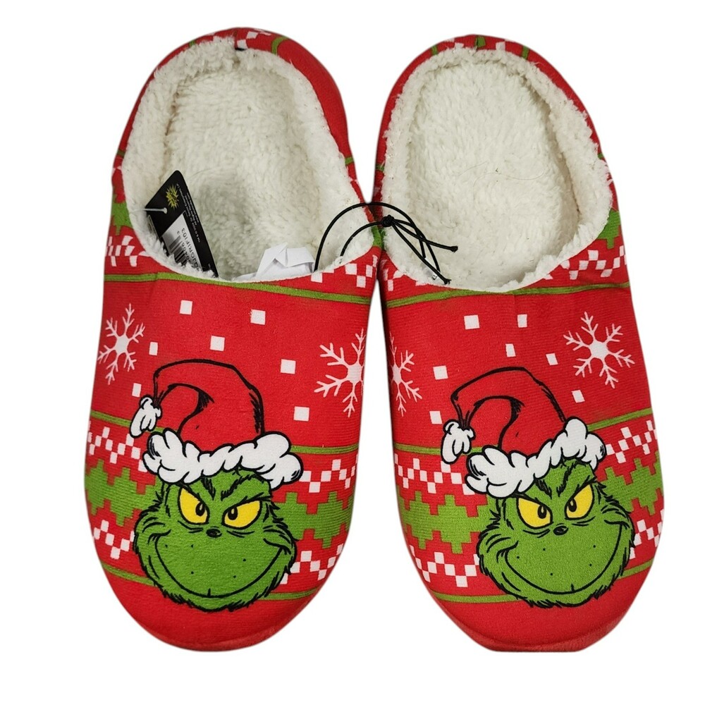 Dr. Seuss The Grinch Christmas Red Fleece Lined Holiday Slippers Shoes XL 10 NWT